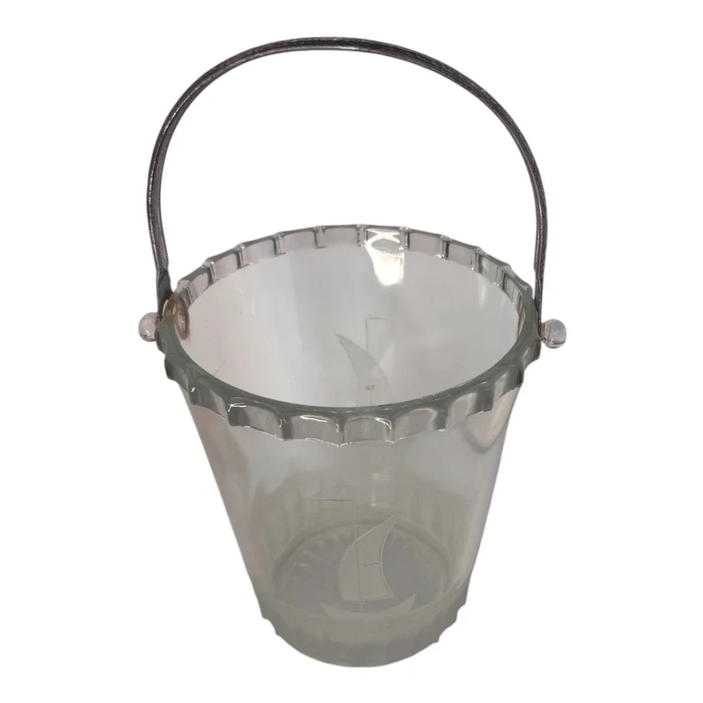 Vintage Etched Glass Sailboat Ice Bucket with Hammered‎ Metal Handle Nautical